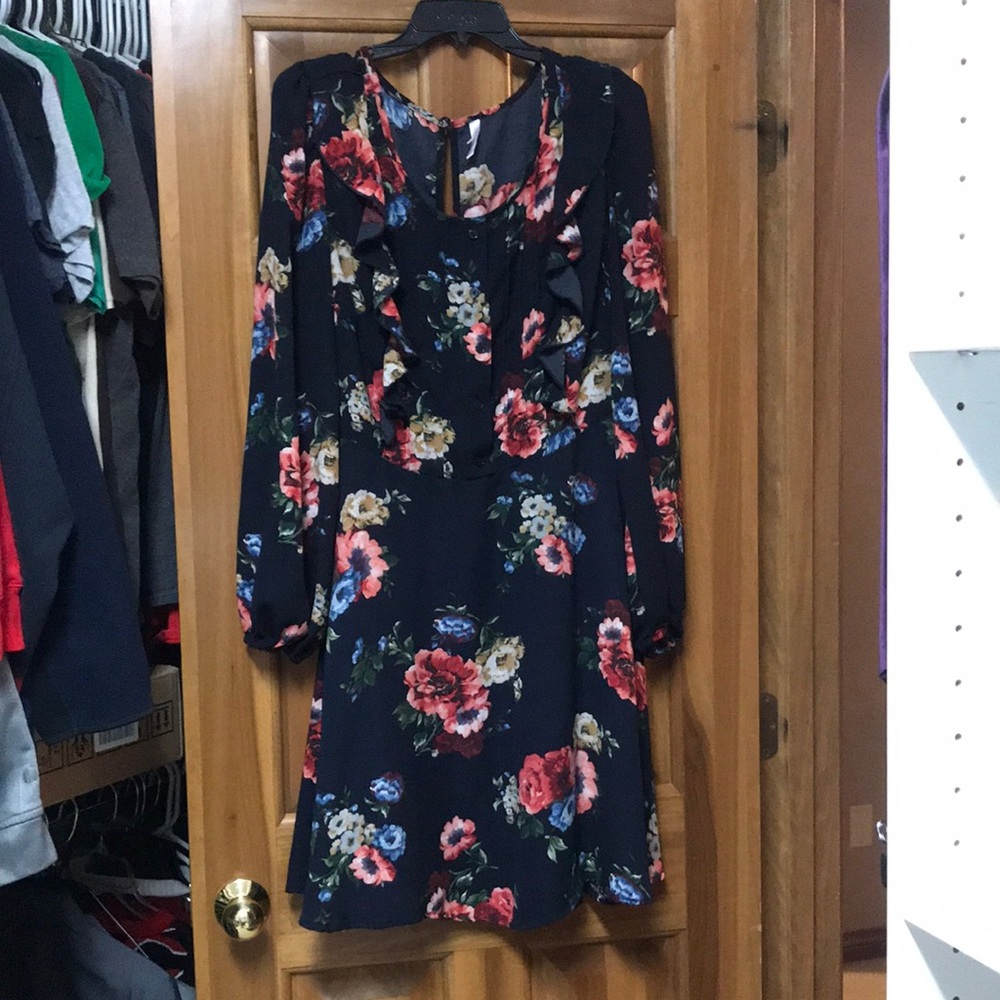 Navy Blue Floral Elastic Waist Dress w/ Pockets